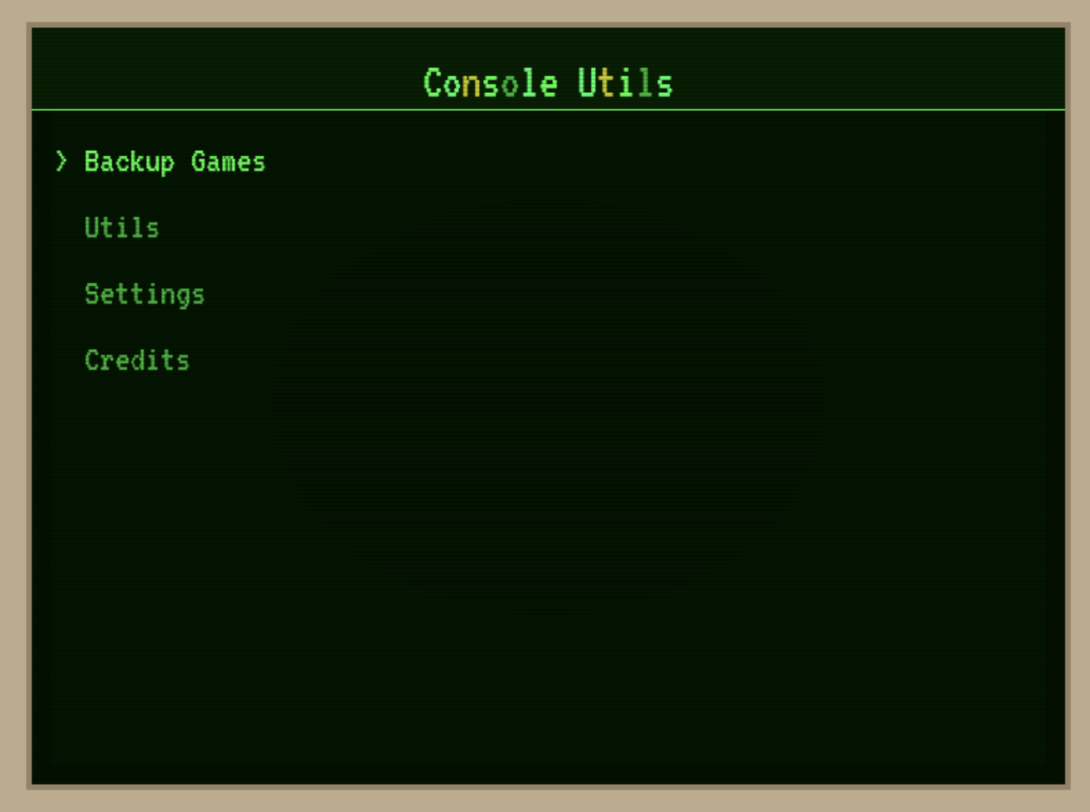Console Utilities screenshot showing the CRT-themed main menu