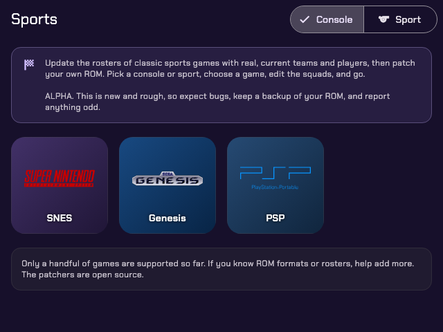 The Sports menu on a handheld